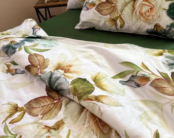 Elegant Floral Lux bedding set. 2 pillowcases + duvet cover. Organic Turkish Sateen 100% Premium cotton. Personalized.