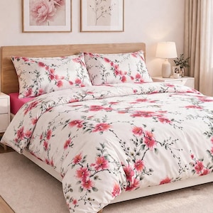 Floral Bedding Set: Cherry Blossom Organic Cotton Duvet Cover & Pillowcases