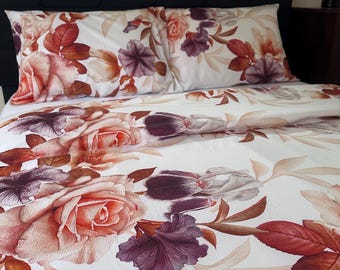 Elegant Floral Lux bedding set. 2 pillowcases + duvet cover. Organic Turkish Sateen 100% Premium cotton. Personalized.
