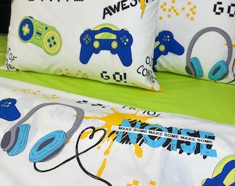 Juego de ropa de cama para gamers, funda nórdica de algodón orgánico para niños y adolescentes.