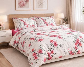 Romantic Floral Bedding Set. Organic cotton. Pink Cherry Blossom Duvet Cover + 2 pillowcases. Luxury Gift for Her. Custom size.