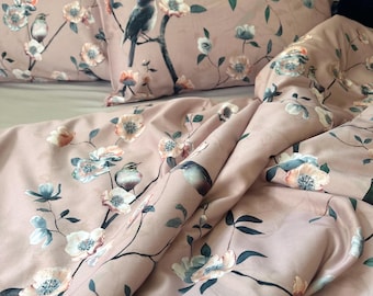 Elegant Floral and bird Lux bedding set.  2 Pillowcases + duvet cover. Organic Turkish Sateen 100% Premium cotton. Personalized.