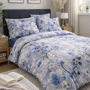 Floral Bedding Set, 100% Organic Cotton Sateen Duvet Cover and Pillowcases