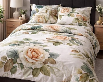 Floral Bedding Set, Organic Cotton Sateen Duvet Cover with Pillowcases