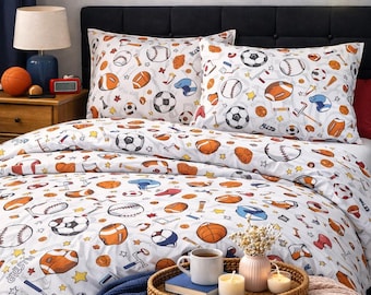 Sports Bedding for Boys – Organic Cotton Duvet Cover, Fitted Sheet & Pillowcases | Kids Baseball, Football, Basketball, Hockey Room Set