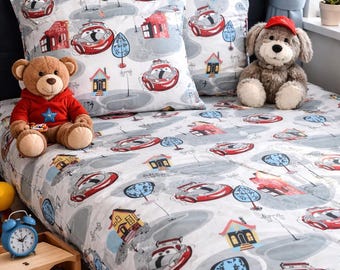 Kids Cotton Bedding Set, Twin, Full, Toddler. Duvet cover, fitted sheet,  pillowcases. Cartoon Car Bedroom Decor, organic bed linen.