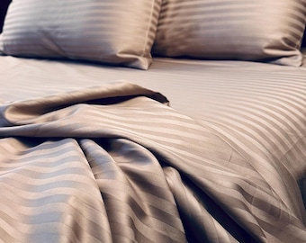 Stripe Sateen Cotton sheets Set – Luxury Hotel Style. 100% natural soft fabric. Pillowcases + sheets. Twin Full King, Queen. Custom order