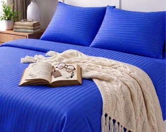 Blue Stripe Sateen Bedding Set. 100% Cotton Sateen Duvet Cover, sheet, pillowcases. Hotel Stripe Twin, Full, Queen, King Set. Custom order.