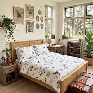 Magical Wizard White sheets set. 100% cotton. Fitted, top sheets and pillowcases. Twin, Full, Queen, King. Custom order.