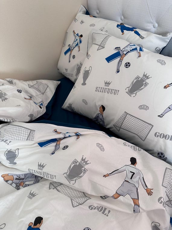 Kids Soccer Bedding Set – Football Duvet Cover, Fitted or Flat Sheet, Pillowcases, 100% Eco Cotton Ranforce | Boys Room Decor, Custom Size