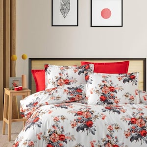 Floral Bedding Set - Organic Cotton Sateen Duvet Cover, Fitted or Flat Sheet, Pillowcases - Luxury Summer Bedroom Decor. Individual size.