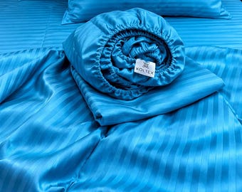 Emerald Lux Stripe Sateen bedding set. 2 pillowcases + duvet cover. Turkish Sateen 100% Premium cotton. Twin Full Queen King. Custom orders