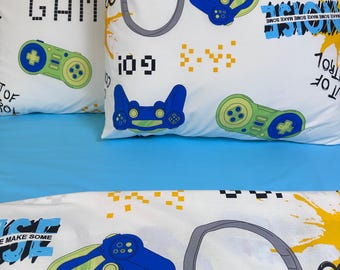 Juego de ropa de cama para gamers, edredón de algodón orgánico con temática de videojuegos para niños y adolescentes.