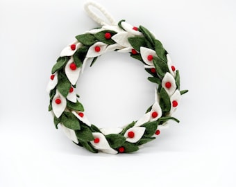 Couronne de Noël aux fruits rouges en feutre faite main | couronne de Noël vintage | Feutre décoratif vert et blanc | Décoration respectueuse de l'environnement - Taille 11 pouces