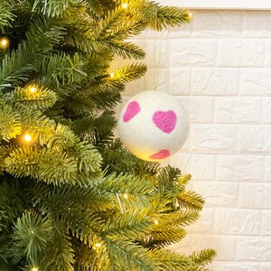 White Ball with PINK Hearts - Handmade Felt Christmas Ornament | Holiday Tree Decoration | Unique Gift Idea | Festive Decor - Size 6 cm