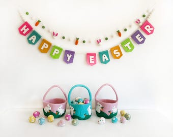 Happy Easter Garland Handmade Felt | Spring Banner | Easter Party Decor | Colorful Easter Mantel Decoration – Easter Egg Hunt Decor - 5 Feet