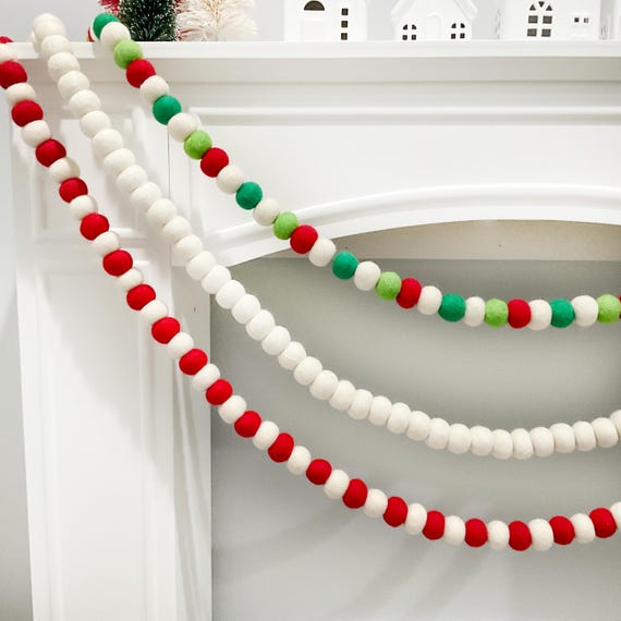 Handmade Wool Felt Ball Garlands: Red, White, Green Christmas Decor - Christmas Tree or Holiday Mantel Decor - Size 6 Feet