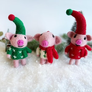 Handcrafted Felt Christmas Elf Pig Ornaments - Buy Single, Set of 2 or 3 | Holiday Tree Decorations