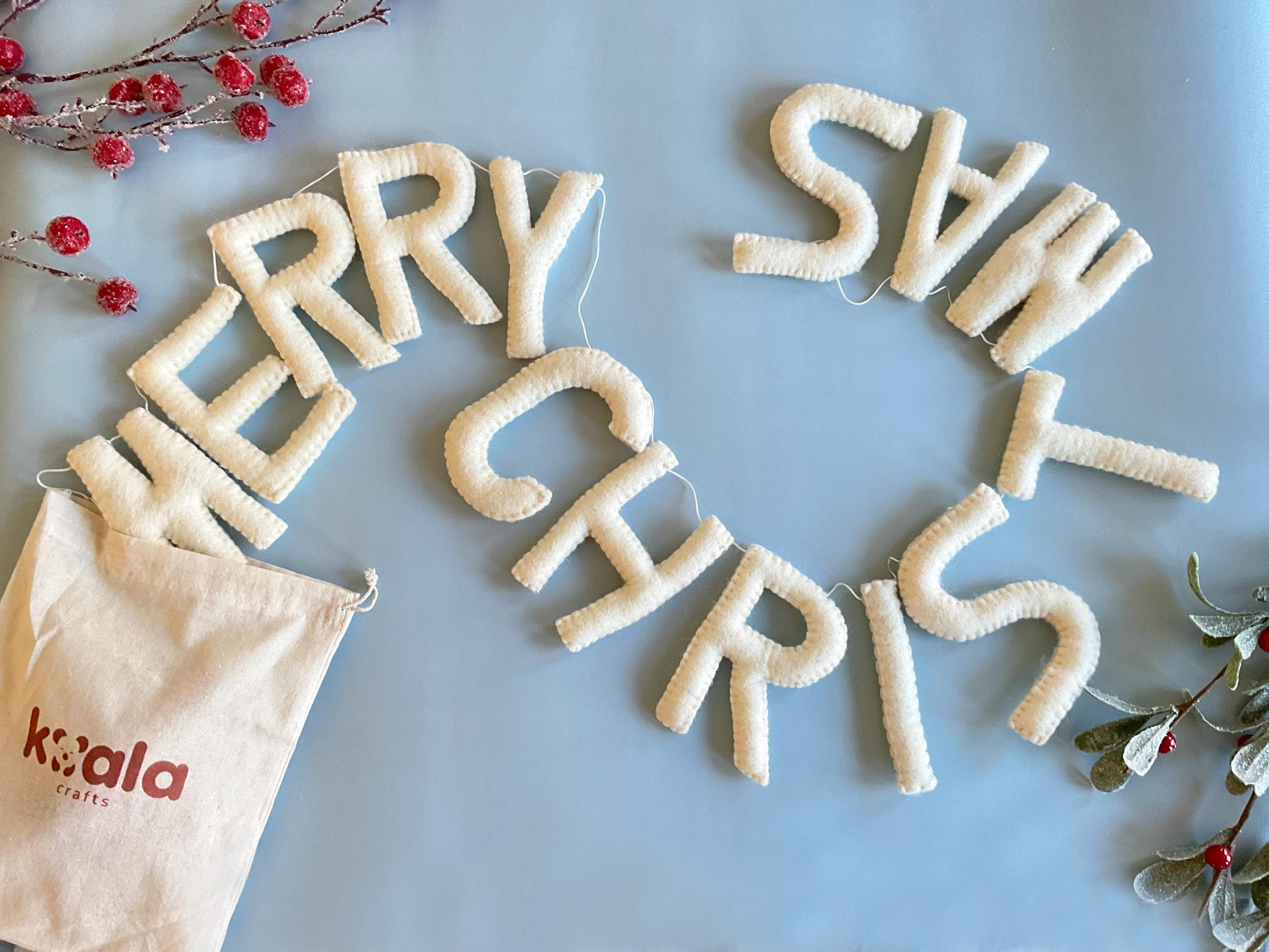 White Merry Christmas Garland, Handmade Felt Holiday Banner, Rustic…