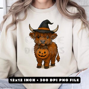 Highland Cow Halloween PNG: Witch Costume, Pumpkin Clipart (Digital Download)