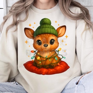 Cute Baby Deer PNG, Christmas Fawn Clipart, Winter Animal Art, Holiday Woodland Baby, Kawaii Reindeer Sublimation Christmas Deer PNG Clipart