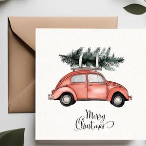 carte de Noël vintage | Aquarelle rétro scarabée rouge avec arbre de Noël |