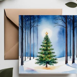 Karte Tannenbaum | Stille Nacht Weihnachtsbaum im Winterwald | Friedlicher Wald Aquarell | Minimalistische Weihnachtskarte
