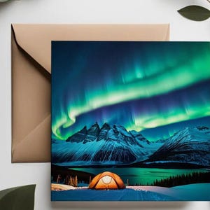 Tarjetas de aurora boreal para acampar / Juego de tarjetas de cumpleaños de aventura / Tarjetas de Navidad de invierno / Tarjetas de felicitación de lujo / Cielo nocturno rosa y verde