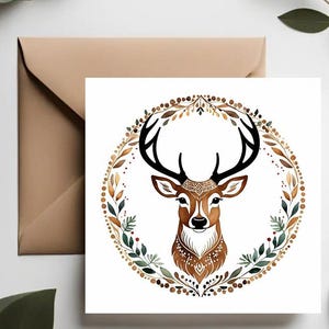 Cartes de voeux festives avec illustrations de cerfs et de couronnes botaniques | Cartes de Noël élégantes | Motifs flocon de neige | Noël sur le thème de la nature