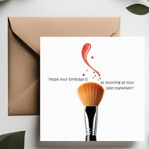 Biglietto di auguri per truccatori / Biglietto di auguri di compleanno per amanti del trucco / Tema di trucco di bellezza / Illustrazione di bellezza / Illustrazione divertente di un pennello per il trucco