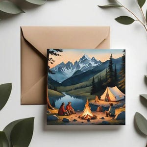 Juego de tarjetas de cumpleaños con fogata en la montaña / Tarjetas de cumpleaños en la naturaleza / Tienda de campaña de lujo para aventuras al aire libre / Viajes a la montaña y acampada