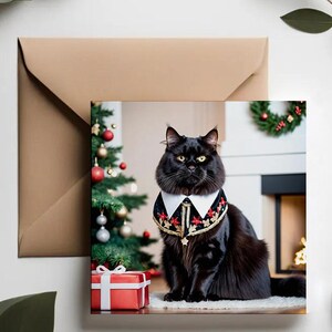 Cartes Royal Black Cat | pour les Fêtes de luxe pour amoureux des chats | Carte Sapin de Noël festif félin mâle noir