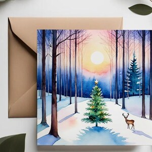 Biglietto di Natale con cervo nel bosco / Albero di Natale "Notte silenziosa" nella foresta innevata / Acquerello invernale pacifico / Biglietto di auguri minimalista