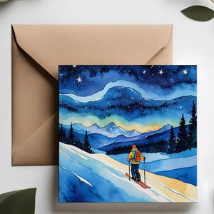 Set de cartes de voeux ciel d'hiver | Cartes enchantées Cartes de voeux premium | Jeu de cartes de vœux magiques | Cartes de Noël de skieur|