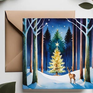 Magische nacht kerstkaart | Boskerstboom van besneeuwd hout | Vreedzame winteraquarel | Minimalistische kerstkaart