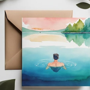 Man swimmer in the wild Greeting Cards | Lake bathing birthday cards | Watercolor blissful swim card