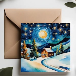 Set di biglietti di auguri Notte stellata / Biglietti di auguri premium / Set di biglietti di auguri magici per le feste / Biglietti di Natale sciatori /