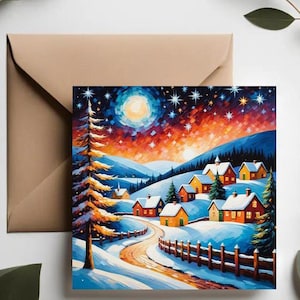 Painted Christmas Card | Premium Greeting Cards | Printed Four Cards Set holiday | Rustic snowy night card | Enchanted forest Christmas card