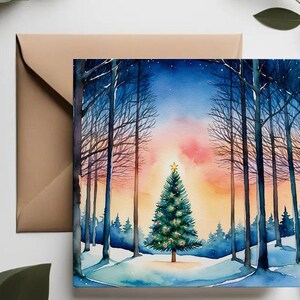 Karte Tannenbaum | Stilvoller Stille Nacht Weihnachtsbaum im Winterwald | Minimalistische Weihnachtskarte