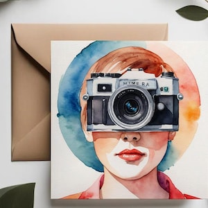 Tarjetas de felicitación de hombre artístico con cámara / Tarjetas de cumpleaños de fotógrafa / Tarjetas de arcoíris con salpicaduras de acuarela / Cámara de fotos moderna