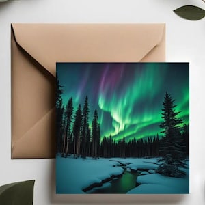 Northern lights greeting card | Aurora borealis greeting cards | Christmas cards Night sky illustrations | Handcrafted greeting cards |
