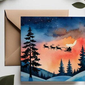 Biglietto di Natale di Babbo Natale / Slitta di Babbo Natale nel cielo / Biglietto di auguri con cielo al tramonto / Biglietto di auguri con cielo notturno di Natale con renne /