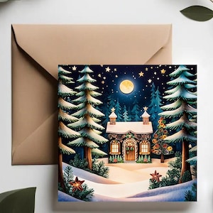 Cozy winter cabin card | Premium Christmas greeting | Magical holiday card set | Rustic snowy night card | Enchanted forest Christmas cards