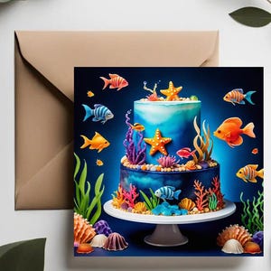 Unterwasser Geburtstagstorte | Bunte Fisch Grußkarten für Jungen Geburtstag | Meerestiere Illustrationen | Ocean Lovers Korallenriff
