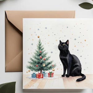 Biglietti di Natale con gatto nero / Set di biglietti divertenti per gli amanti dei gatti / Albero di Natale con gatti / Regali di fiocchi di neve