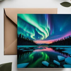 Northern sky lights greeting cards | Aurora Borealis birthday card set | Christmas cards | Deluxe greeting cards | Pink and green night sky