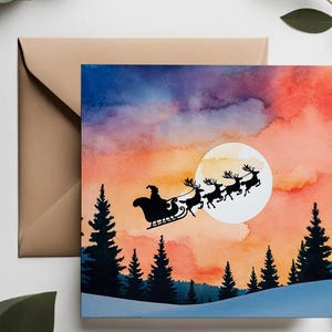 Silhouette di Babbo Natale con slitta Biglietto di Natale / Biglietto di auguri con cielo al tramonto / Biglietto di auguri con cielo notturno di Natale con renne / Slitta panoramica di Babbo Natale sui pini