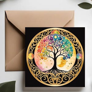 Tarjeta con símbolo del árbol de la vida / Tarjeta de felicitación con el árbol de la vida celestial del arco iris / Impresión del árbol de la vida de la noche estrellada / Juego de tarjetas de felicitación