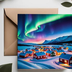 Aurora borealis Weihnachtskarten | Hirsch im Wald | Nordische Häuser unter Nordlichtern Skandinavische Winterszene | Weihnachtskarten Set