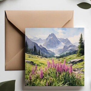 Tarjeta de felicitación de los Alpes suizos / Tarjeta de felicitación de la naturaleza / Tarjeta con vista a la montaña / Tarjeta con paisaje primaveral / Tarjeta con campo de flores silvestres / Tarjeta de felicitación panorámica